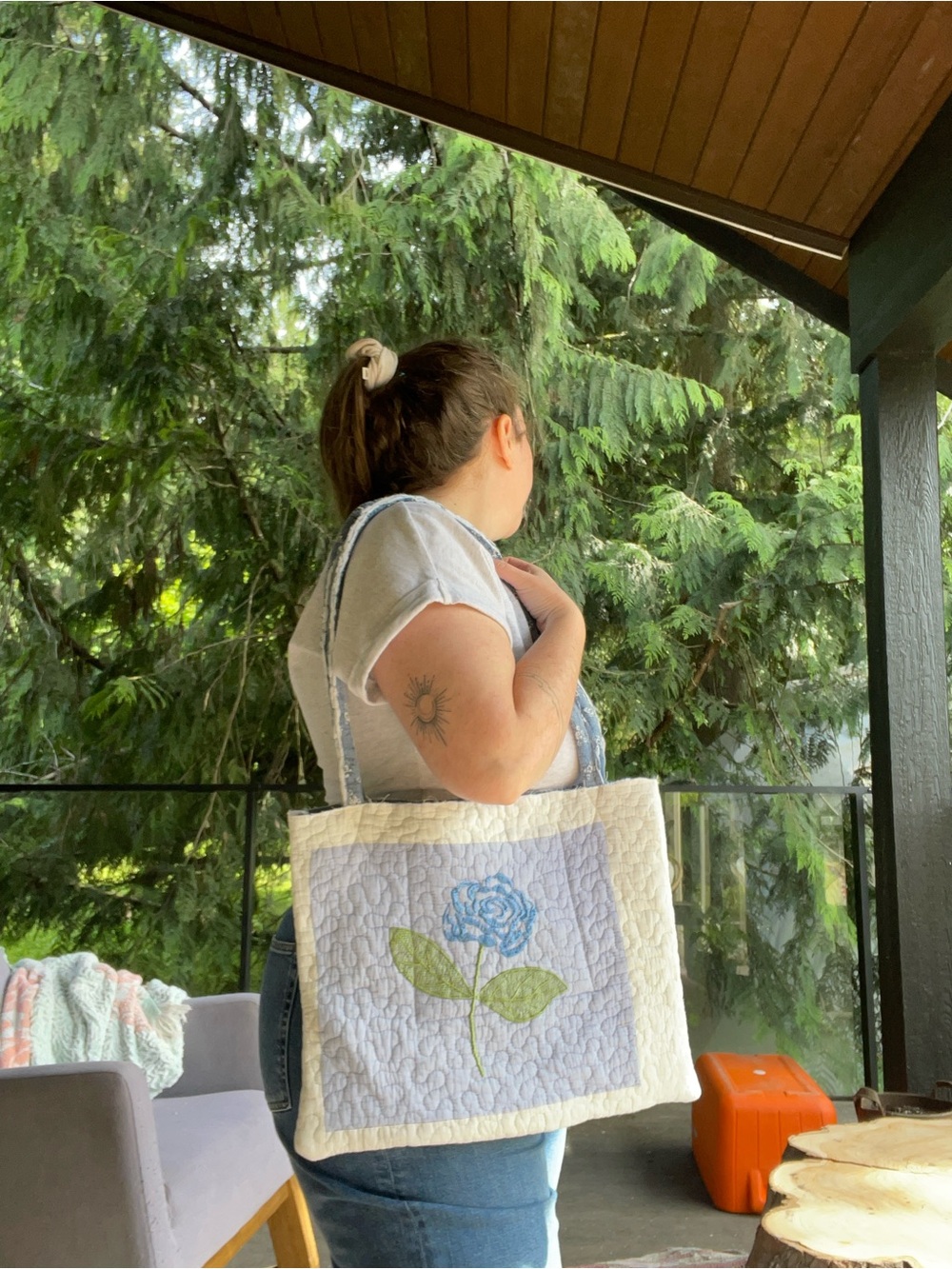 Handmade embroidered floral quilt tote